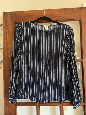 H&M Navy Blue and White Vertical Stripe Long-Sleeve Blouse